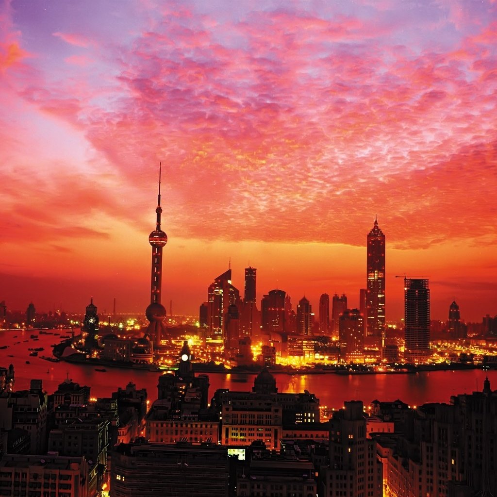 Обои огни, закат, небоскребы, шанхай, башня, lights, sunset, skyscrapers, shanghai, tower разрешение 1920x1200 Загрузить