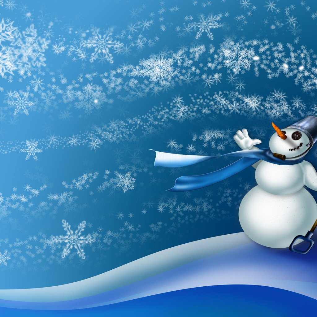 Обои новый год, снежинки, снеговик, ветер, сугробы, лопата, ведро, шарф, new year, snowflakes, snowman, the wind, the snow, shovel, bucket, scarf разрешение 3000x2000 Загрузить