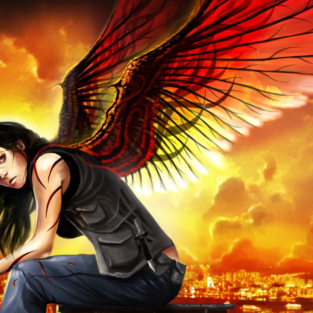 Обои арт, девушка, меч, город, взгляд, крылья, катана, art, girl, sword, the city, look, wings, katana разрешение 2400x1694 Загрузить