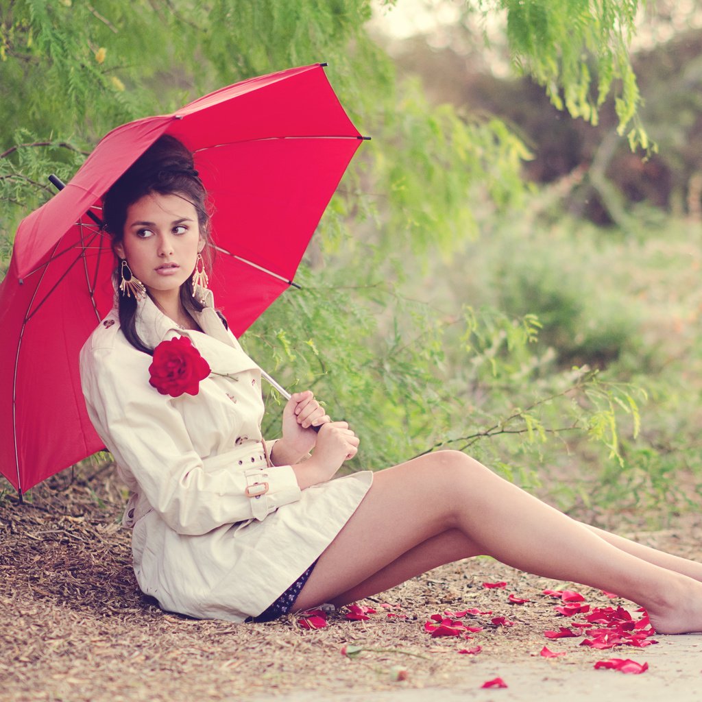 Обои девушка, поза, брюнетка, лепестки, взгляд, зонт, лицо, зонтик, girl, pose, brunette, petals, look, umbrella, face разрешение 4570x3264 Загрузить