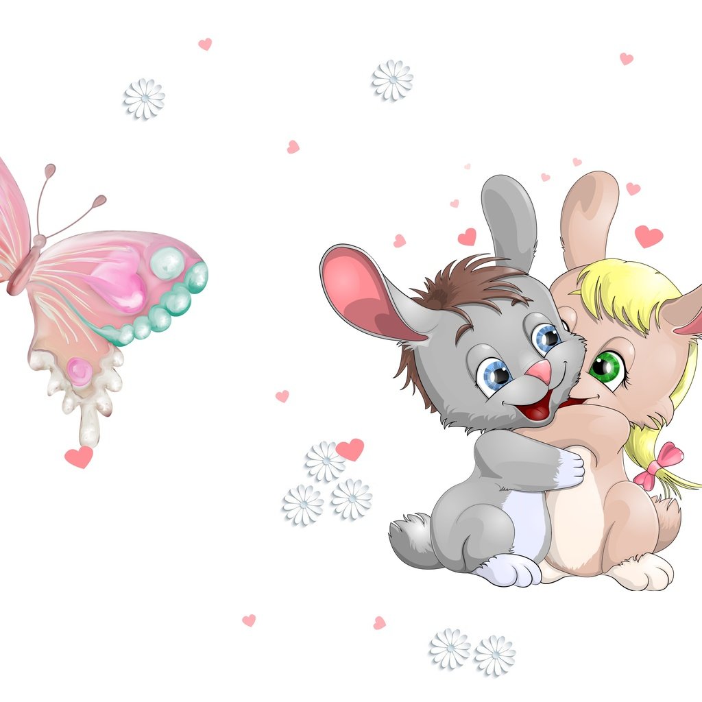 Обои арт, зайки, сердечко, бабочка, ромашка, зайчик, детская, зайчики, обнимашки, art, heart, butterfly, daisy, bunny, children's, bunnies, hugs разрешение 3264x1920 Загрузить