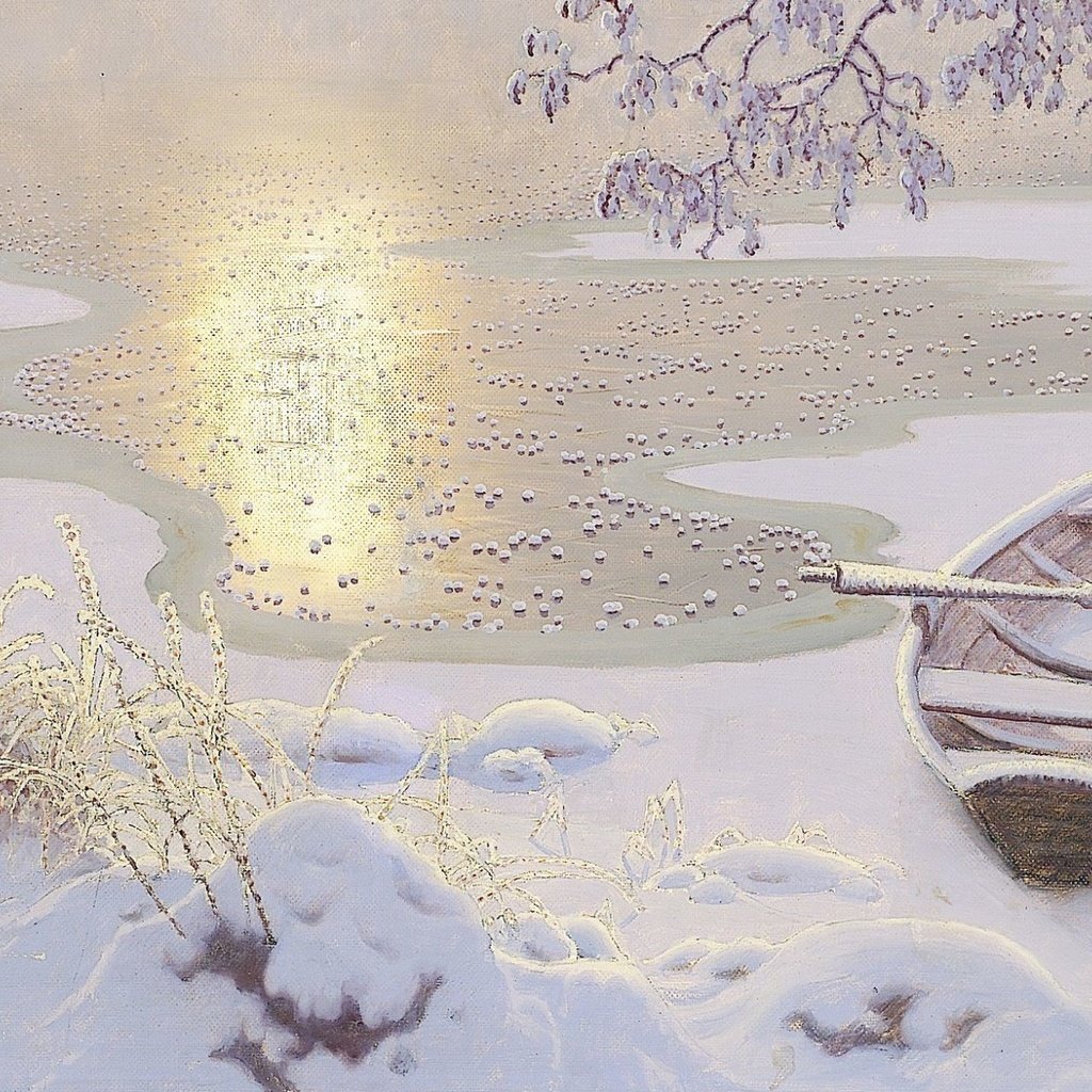 Обои арт, озеро, зима, пейзаж, лодка, gustaf fjaestad, art, lake, winter, landscape, boat разрешение 1920x1200 Загрузить