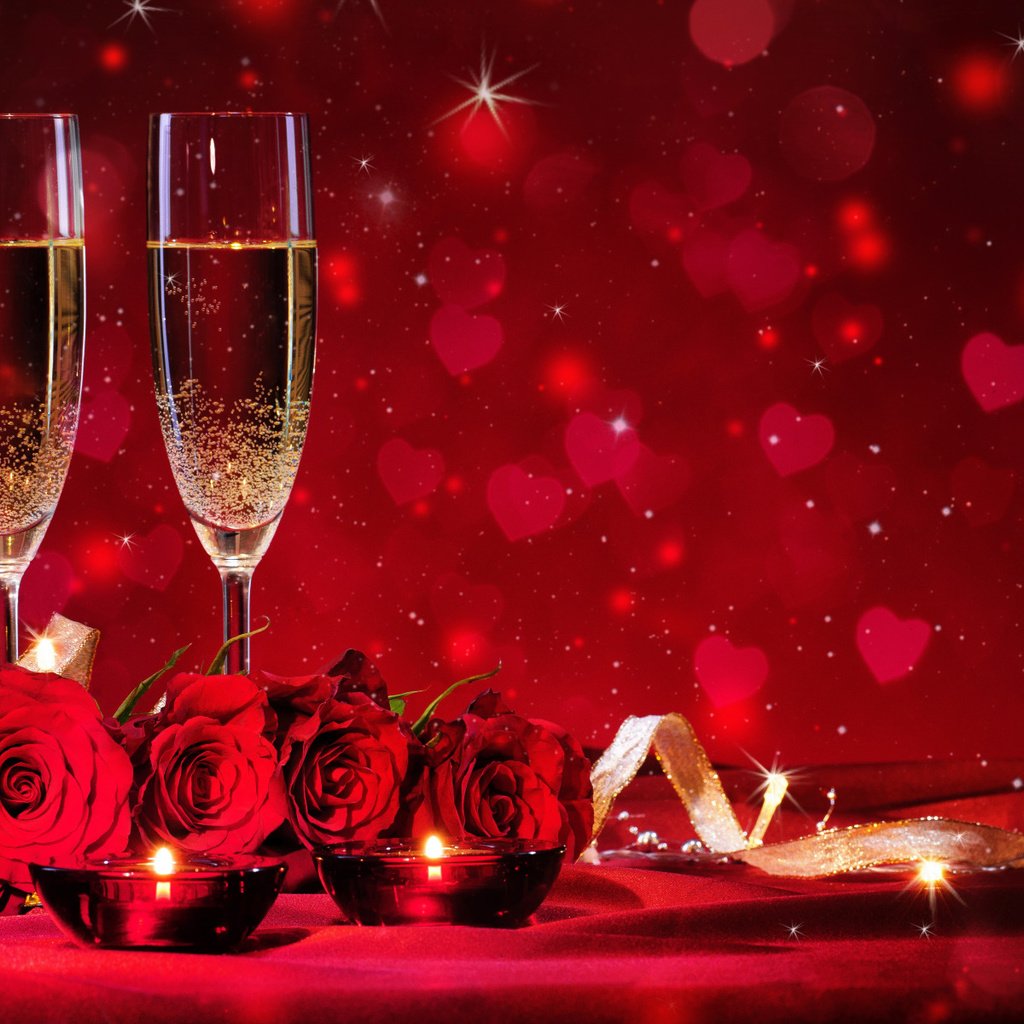 Обои цветы, сердечки, свечи, шампанское, фон, день святого валентина, боке, розы, огонь, красные, ленточки, бокалы, flowers, hearts, candles, champagne, valentine's day, background, bokeh, roses, fire, red, ribbons, glasses разрешение 1920x1200 Загрузить