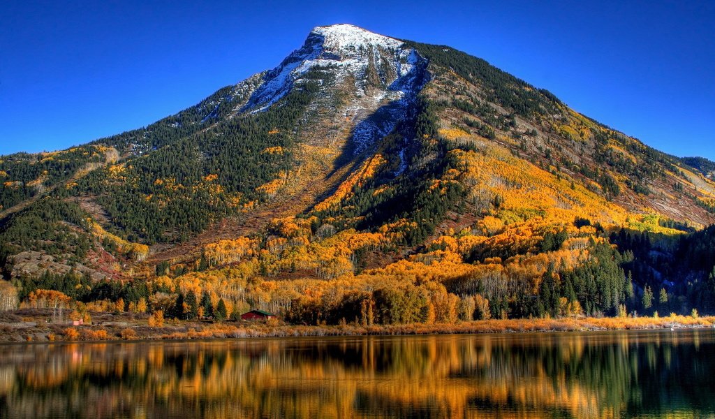 Обои деревья, озеро, горы, отражение, осень, trees, lake, mountains, reflection, autumn разрешение 1920x1200 Загрузить