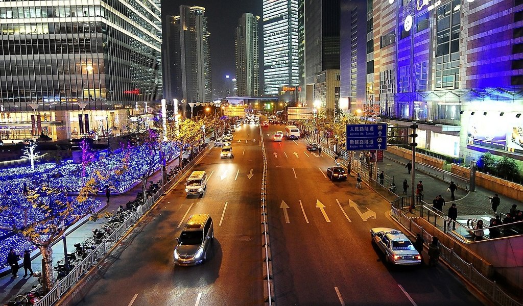 Обои улица ночного шанхая, street night shanghai разрешение 1920x1080 Загрузить
