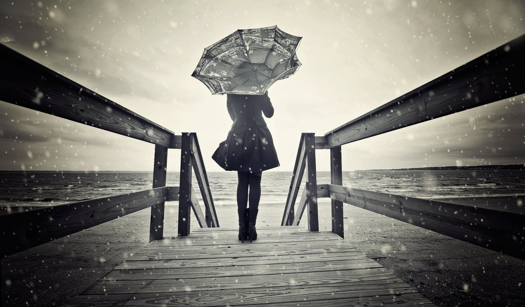 Обои снег, девушка, зонт, ветер, чб, snow, girl, umbrella, the wind, bw разрешение 2500x1568 Загрузить