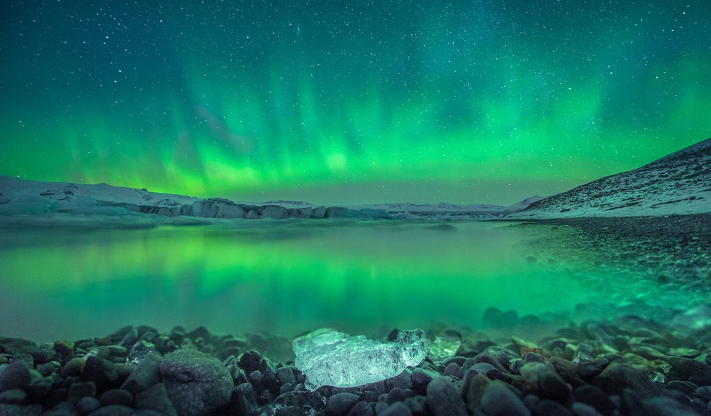 Обои исландия, полярное сияние, над ёкюльсаурлоуном, iceland, polar lights, over cursorcolor разрешение 1920x1200 Загрузить
