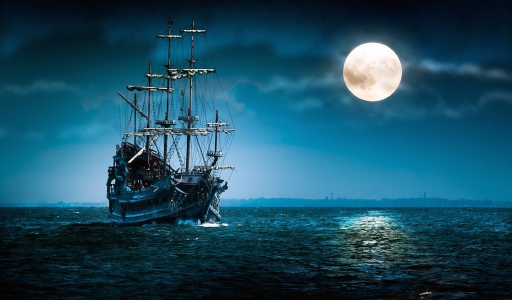 Обои море, корабль, луна, sea, ship, the moon разрешение 2560x1600 Загрузить