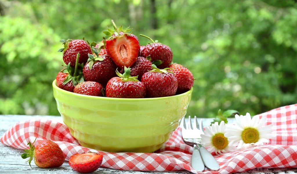 Обои клубника, ромашки, ягоды, миска, strawberry, chamomile, berries, bowl разрешение 1920x1200 Загрузить