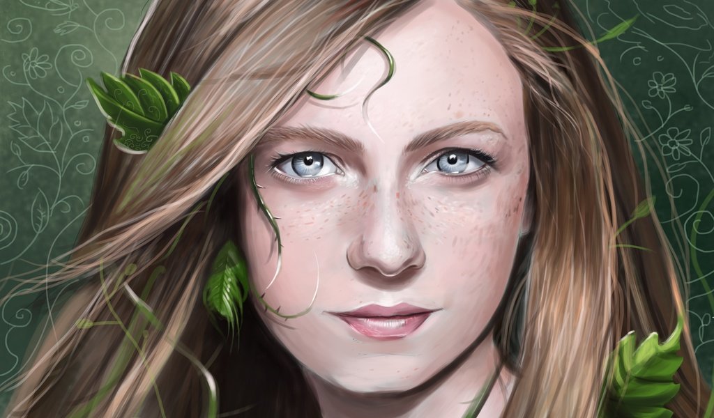 Обои арт, листья, девушка, взгляд, растение, веснушки, art, leaves, girl, look, plant, freckles разрешение 7135x5403 Загрузить