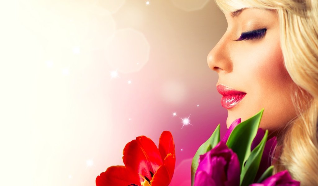 Обои цветы, девушка, профиль, весна, тюльпаны, ресницы, flowers, girl, profile, spring, tulips, eyelashes разрешение 6712x5201 Загрузить