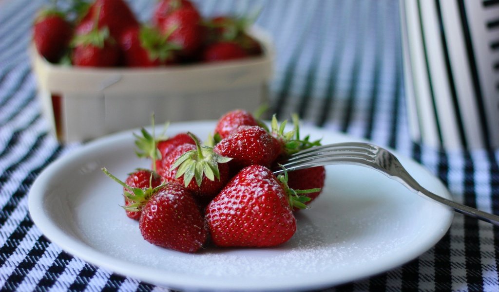 Обои клубника, вилка, ягоды, тарелка, сахарная пудра, strawberry, plug, berries, plate, powdered sugar разрешение 5184x3456 Загрузить