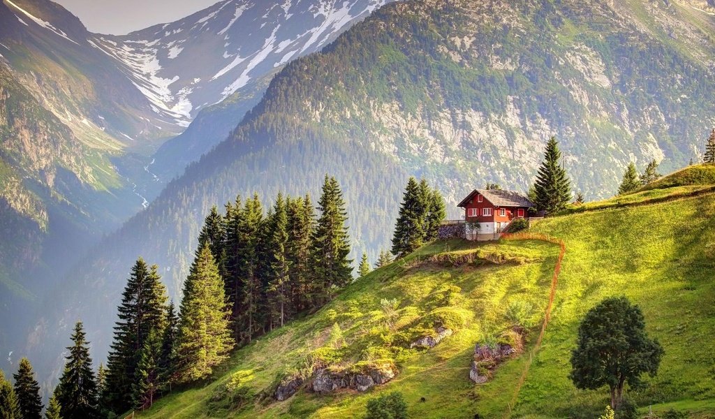 Обои горы, лес, швейцария, домик, альпы, mountains, forest, switzerland, house, alps разрешение 1920x1080 Загрузить