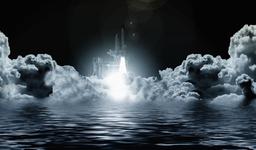 Обои облака, вода, космос, ракета, запуск, clouds, water, space, rocket, start разрешение 6000x2827 Загрузить
