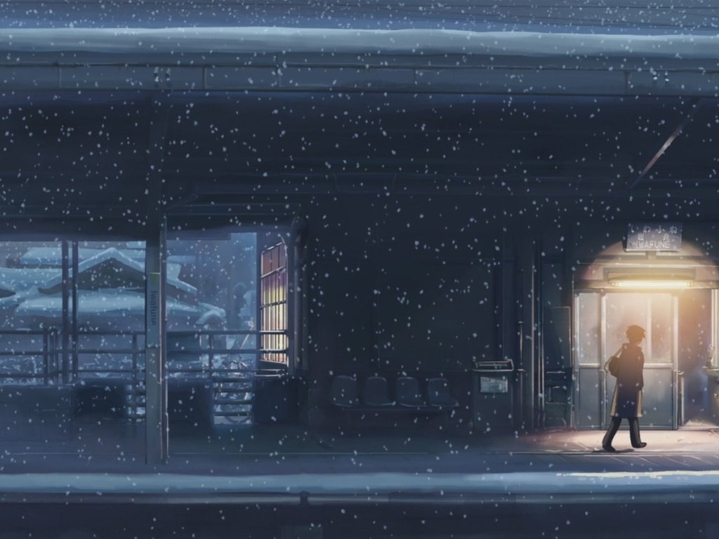 Обои снег, станция, 5 сантиметров в секунду, snow, station, 5 centimeters per second разрешение 1920x1080 Загрузить