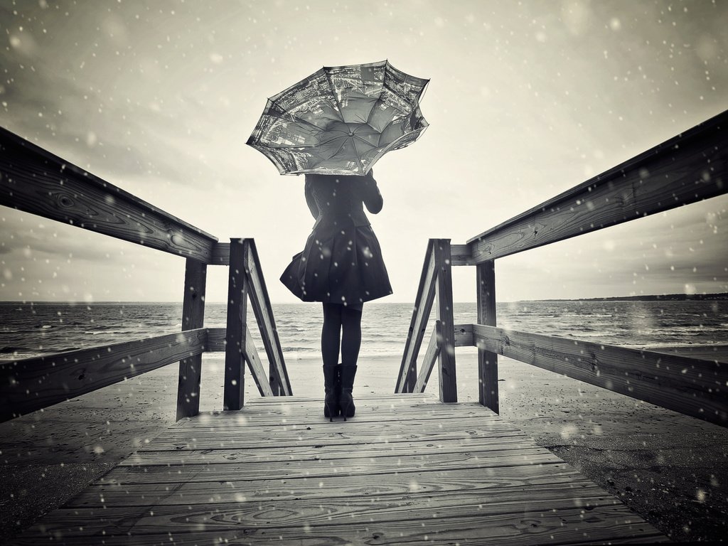 Обои снег, девушка, зонт, ветер, чб, snow, girl, umbrella, the wind, bw разрешение 2500x1568 Загрузить