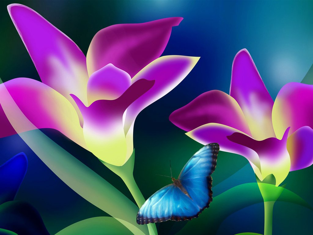 Обои цветы, листья, фон, лепестки, бабочка, векторная графика, flowers, leaves, background, petals, butterfly, vector graphics разрешение 1920x1080 Загрузить