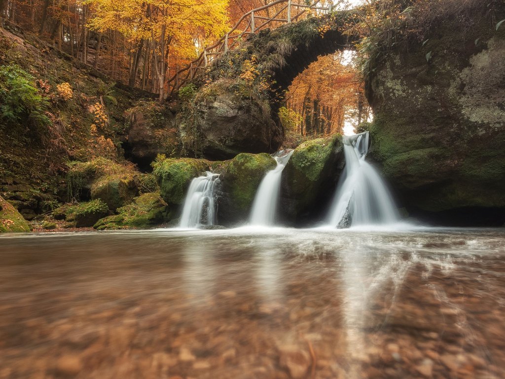 Обои река, природа, камни, лес, мост, водопад, осень, мох, river, nature, stones, forest, bridge, waterfall, autumn, moss разрешение 1920x1080 Загрузить