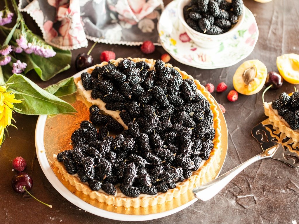 Обои фрукты, ягоды, выпечка, пирог, начинка, шелковица, fruit, berries, cakes, pie, filling, mulberry разрешение 2048x1341 Загрузить