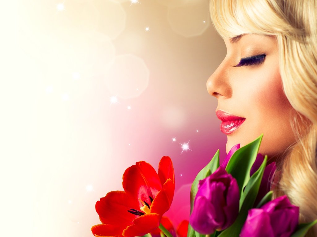 Обои цветы, девушка, профиль, весна, тюльпаны, ресницы, flowers, girl, profile, spring, tulips, eyelashes разрешение 6712x5201 Загрузить