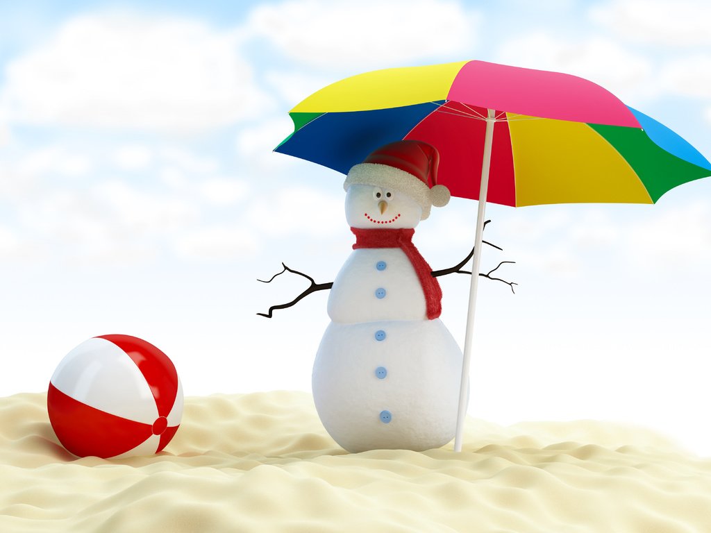 Обои новый год, пляж, снеговик, зонтик, рождество, мяч, new year, beach, snowman, umbrella, christmas, the ball разрешение 5142x3402 Загрузить