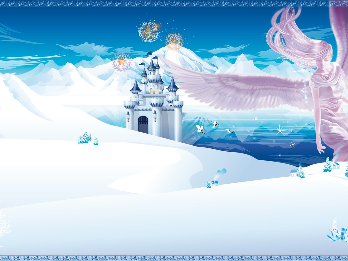 Обои горы, зима, замок, аниме, ангел, mountains, winter, castle, anime, angel разрешение 2557x1600 Загрузить