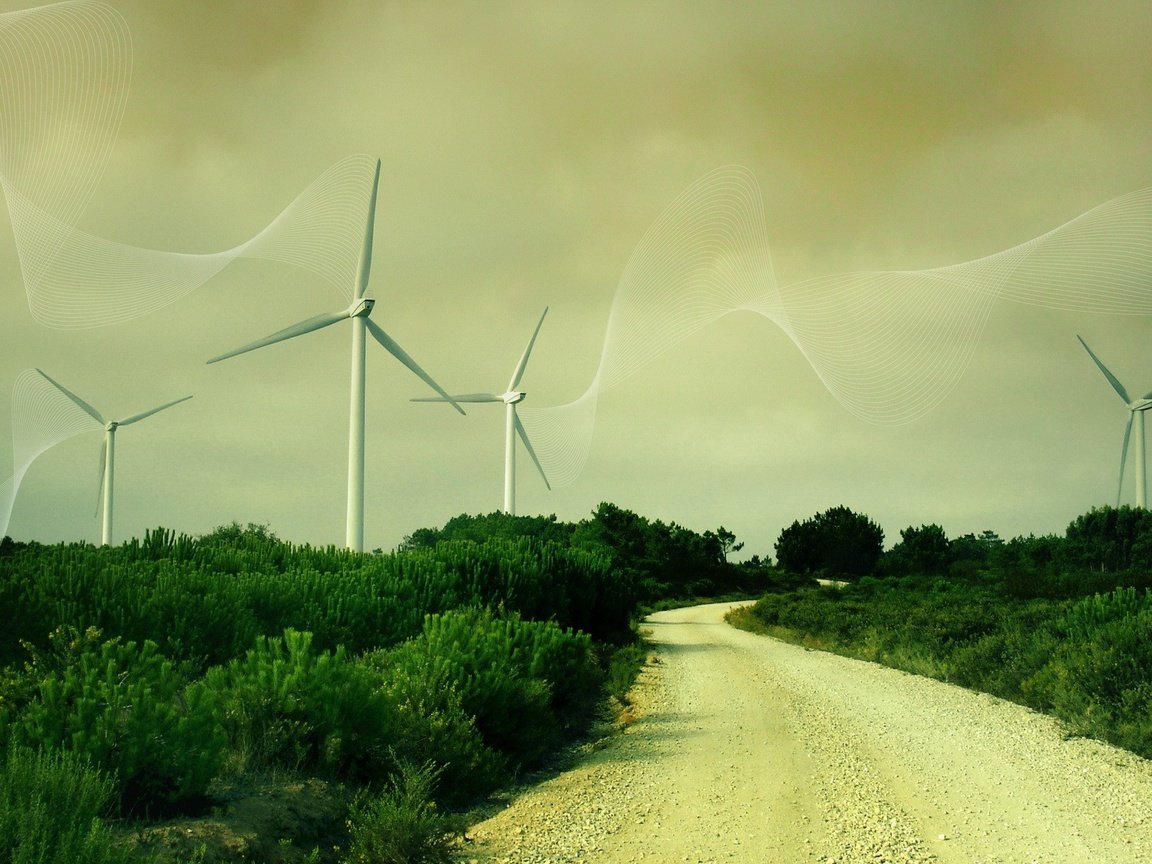 Обои дорога, трава, линии, ветряки, ветротурбины, road, grass, line, windmills, wind turbine разрешение 1920x1200 Загрузить