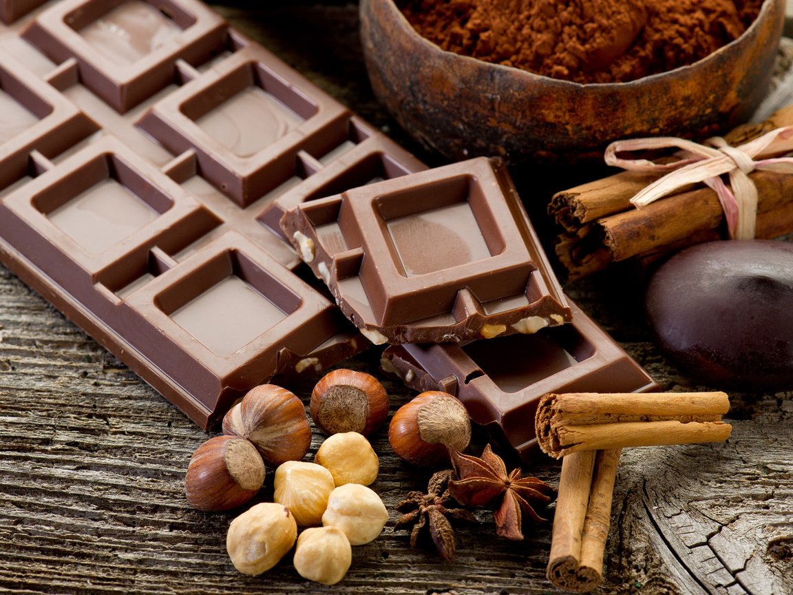 Обои орехи, корица, шоколад, деревянная поверхность, nuts, cinnamon, chocolate, wooden surface разрешение 1920x1200 Загрузить