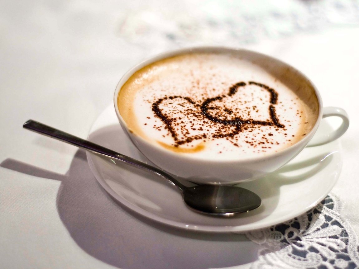 Обои кофе, стол, чашка, сердечки, ложка, скатерть, капучино, coffee, table, cup, hearts, spoon, tablecloth, cappuccino разрешение 1920x1366 Загрузить