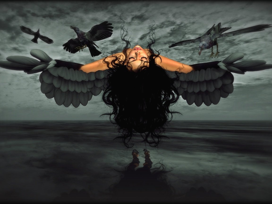 Обои девушка, крылья, вороны, girl, wings, crows разрешение 2048x1229 Загрузить
