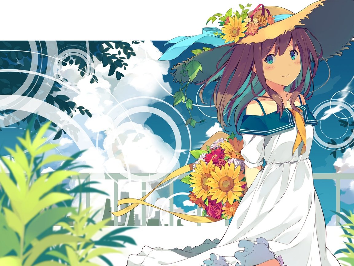 Обои облака,  цветы, summer dress, аниме девочка, соломенная шляпа, clouds, flowers, anime girl, straw hat разрешение 2000x1422 Загрузить