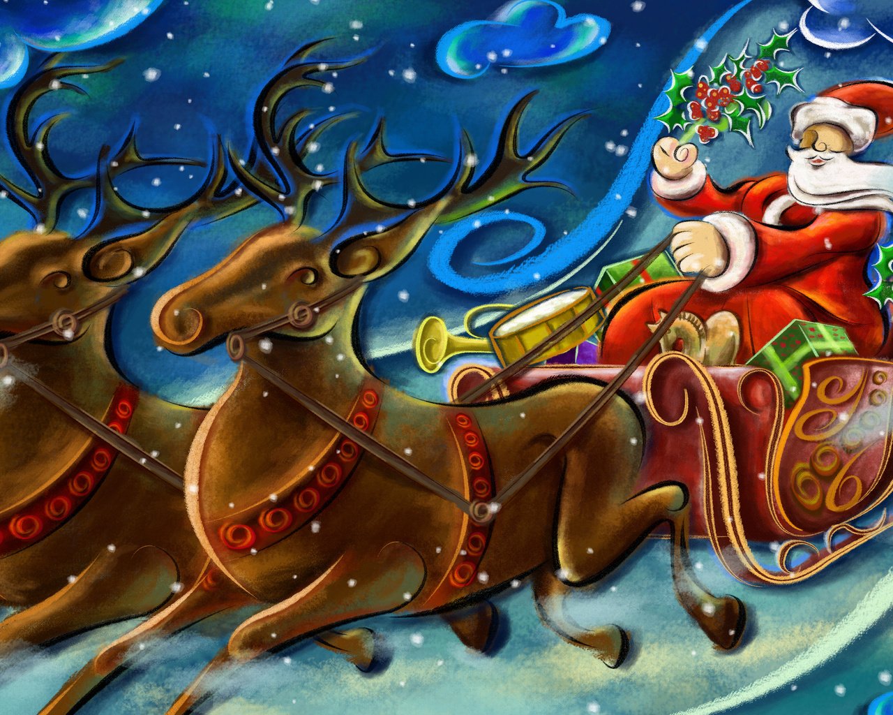 Обои рисунок, новый год, дед мороз, олени, figure, new year, santa claus, deer разрешение 2560x1670 Загрузить