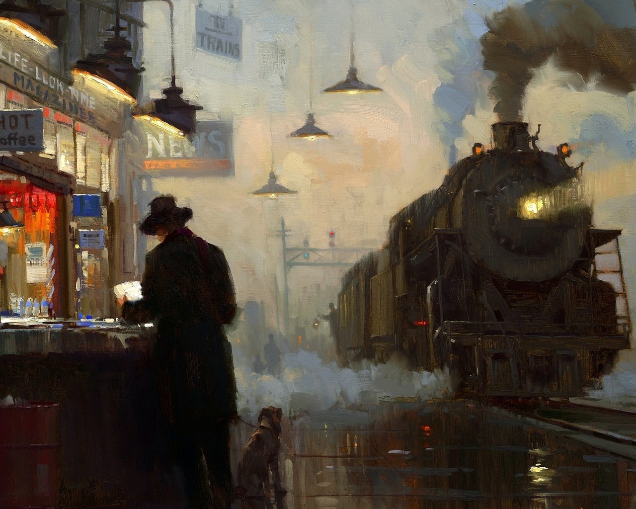 Обои станция, картина, масло, паровоз, station, picture, oil, the engine разрешение 1920x1200 Загрузить