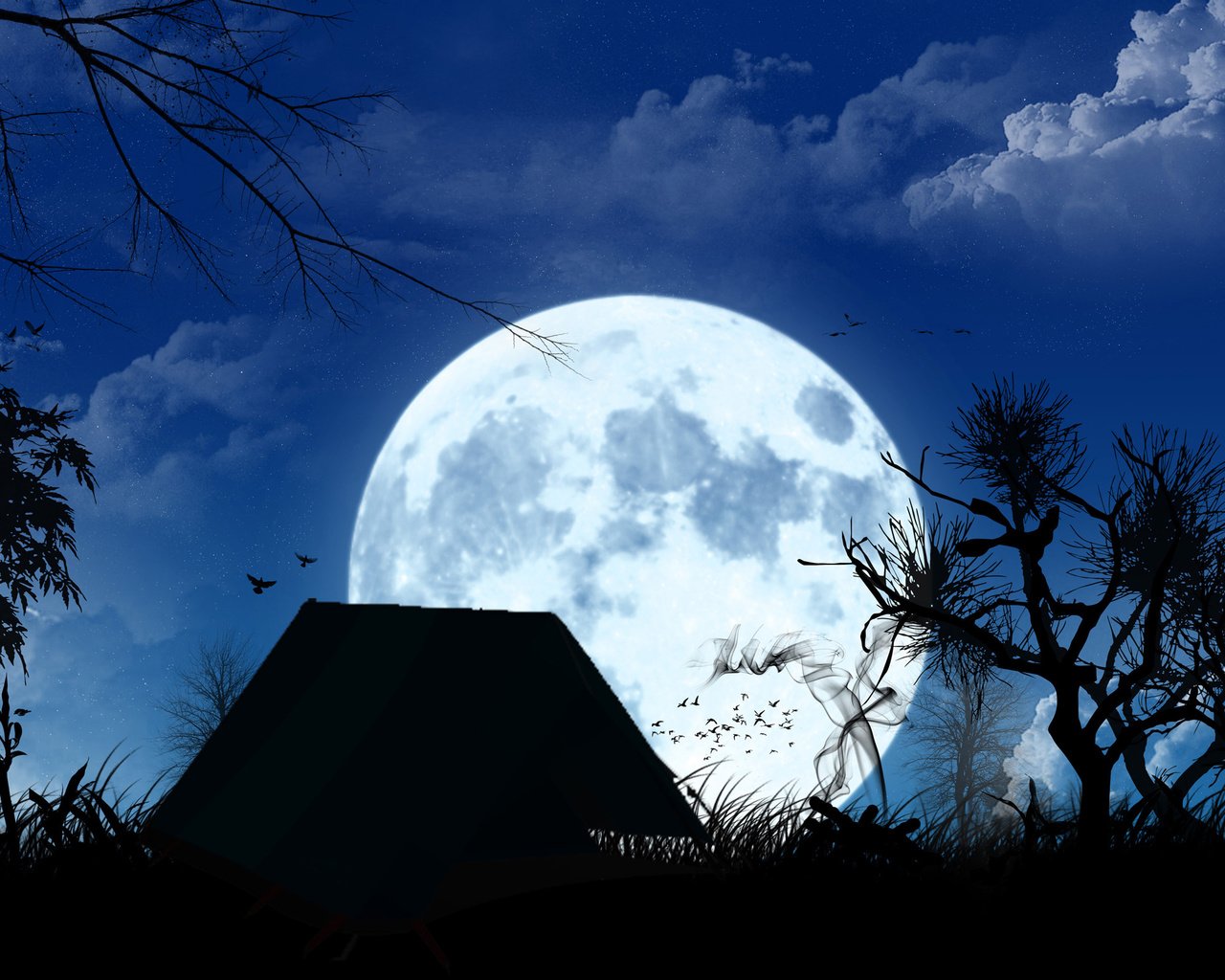 Обои полнолуние, изба, the full moon, hut разрешение 2560x1600 Загрузить