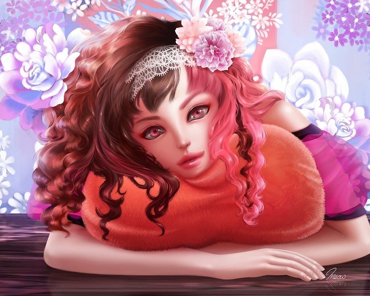 Обои цветы, арт, девушка, кудри, волосы, лицо, подушка, кружево, flowers, art, girl, curls, hair, face, pillow, lace разрешение 1920x1392 Загрузить