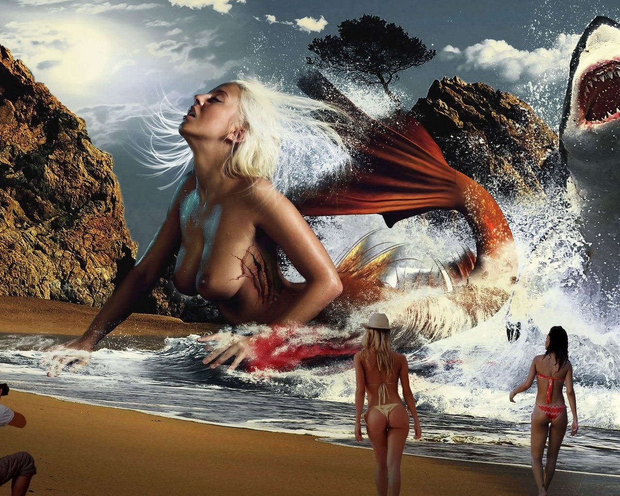 Обои акула, русалка, shark, mermaid разрешение 2560x1600 Загрузить