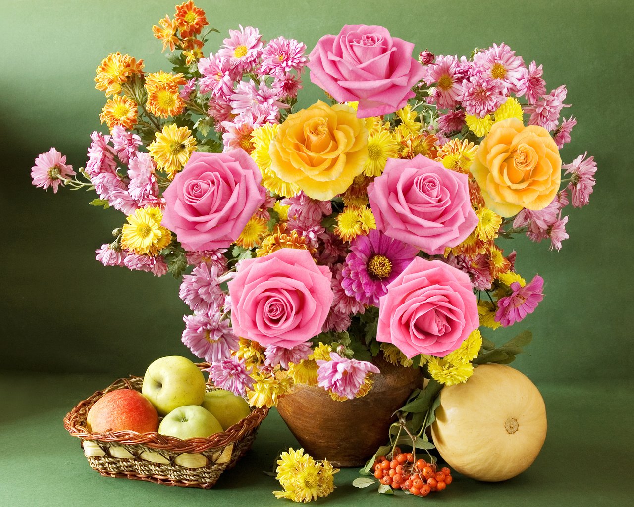 Обои розы, яблоки, букет, яблок, хризантемы, натюрморт, роз, roses, apples, bouquet, chrysanthemum, still life разрешение 4790x3642 Загрузить