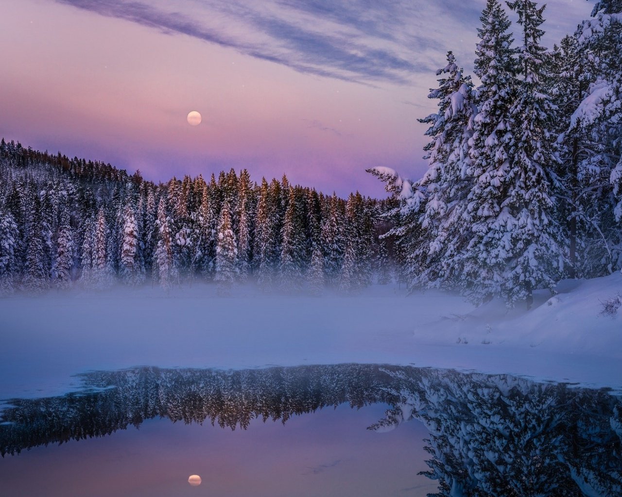 Обои вечер, озеро, природа, лес, зима, луна, the evening, lake, nature, forest, winter, the moon разрешение 1920x1200 Загрузить
