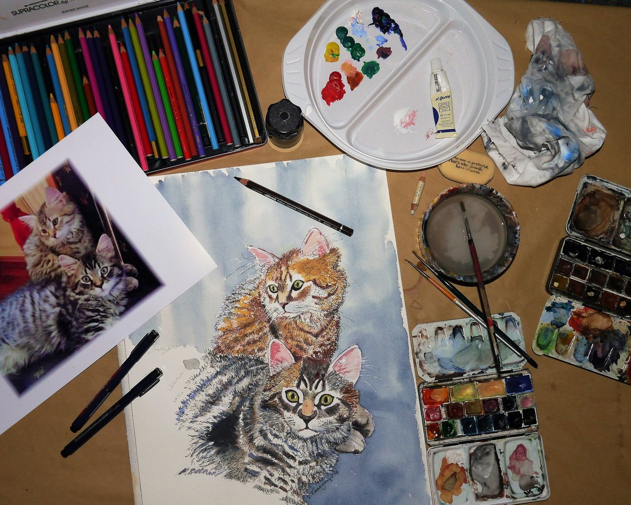 Обои рисунок, краски, карандаши, кошки, figure, paint, pencils, cats разрешение 3840x2400 Загрузить