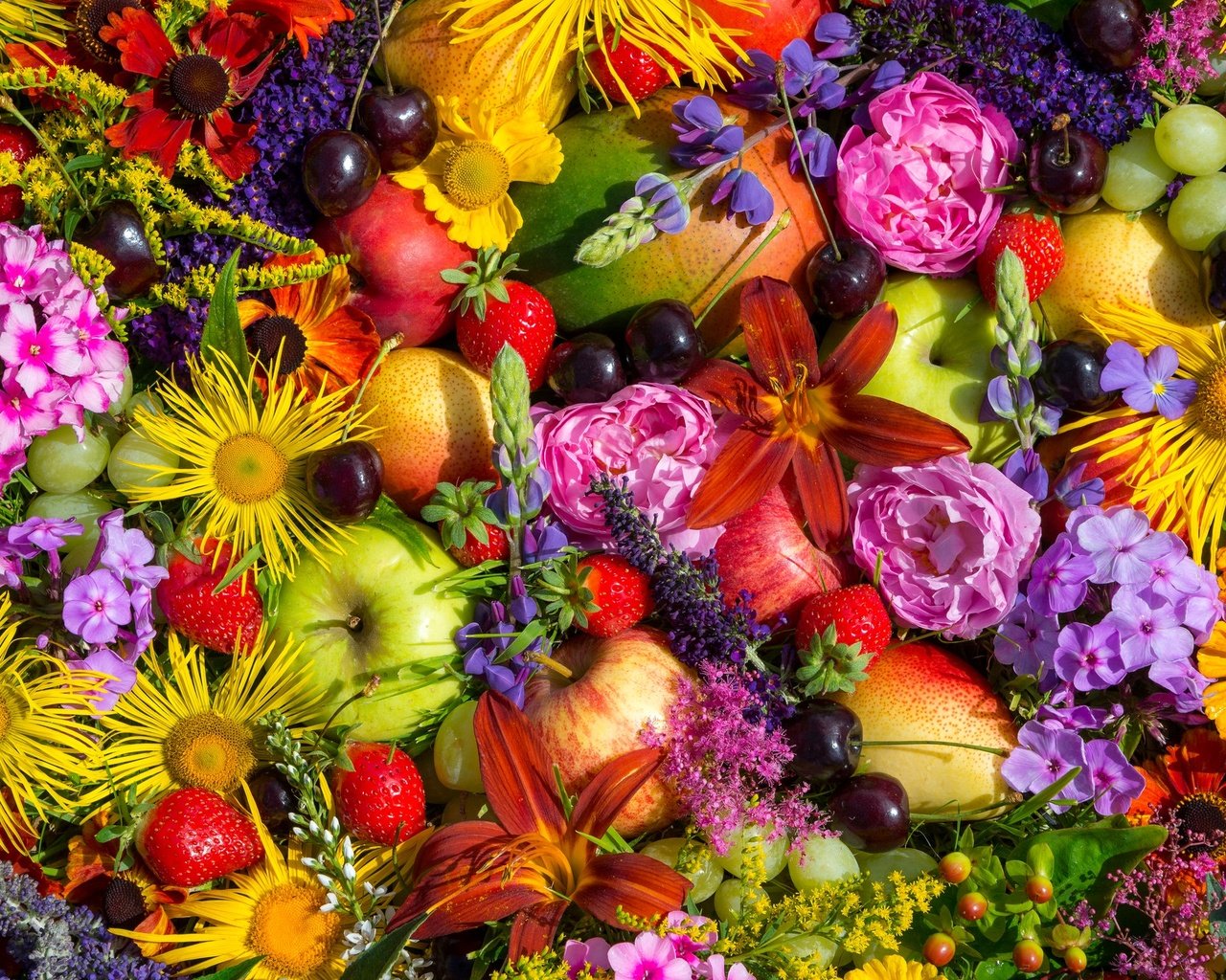Обои цветы, фрукты, ягоды, композиция, flowers, fruit, berries, composition разрешение 2048x1367 Загрузить