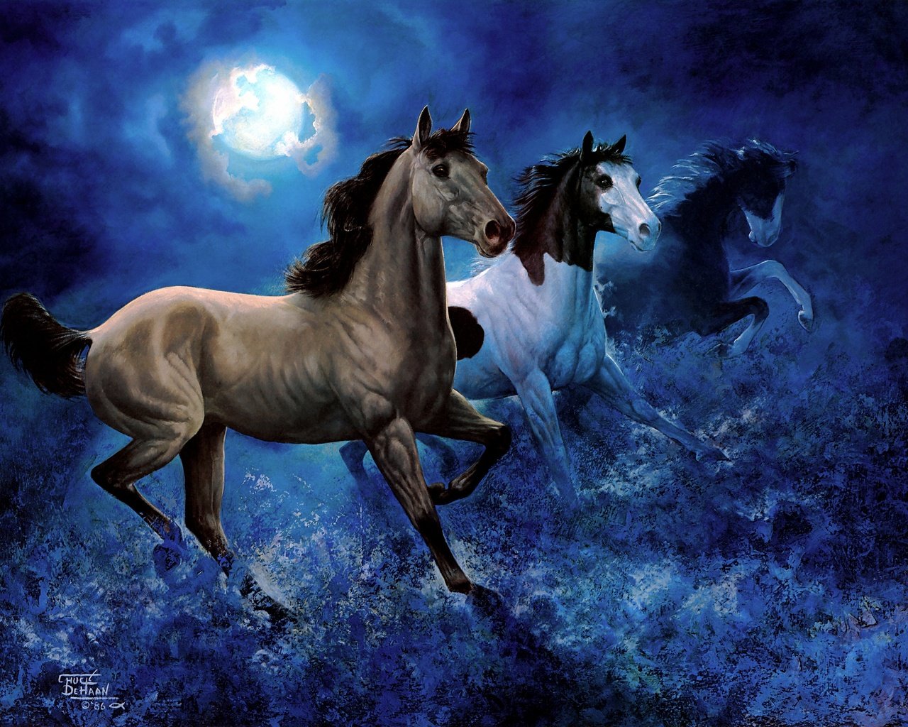 Обои небо, арт, ночь, луна, лошади, кони, бег, the sky, art, night, the moon, horse, horses, running разрешение 2948x2241 Загрузить