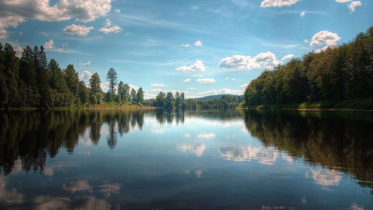 Обои небо, лето, облака, деревья, озеро, река, природа, отражение, пейзаж, the sky, summer, clouds, trees, lake, river, nature, reflection, landscape разрешение 1920x1080 Загрузить