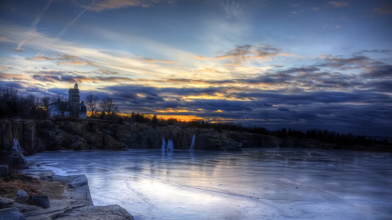 Обои небо, деревья, озеро, закат, зима, пейзаж, лёд, the sky, trees, lake, sunset, winter, landscape, ice разрешение 2560x1600 Загрузить