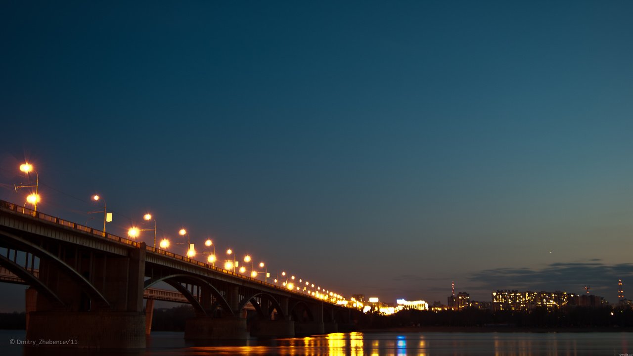 Обои огни, вечер, река, мост, россия, новосибирск, обь, lights, the evening, river, bridge, russia, novosibirsk, ob разрешение 4592x2576 Загрузить