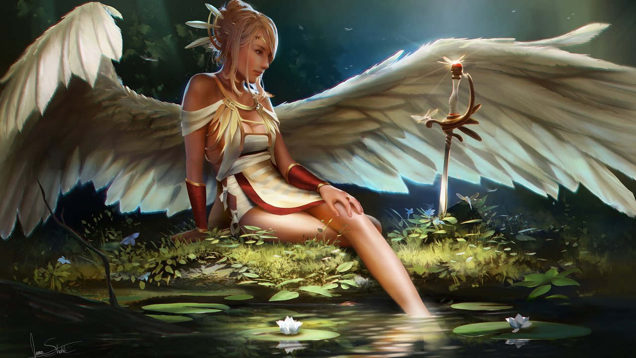 Обои арт, девушка, меч, фэнтези, ангел, art, girl, sword, fantasy, angel разрешение 1920x1200 Загрузить