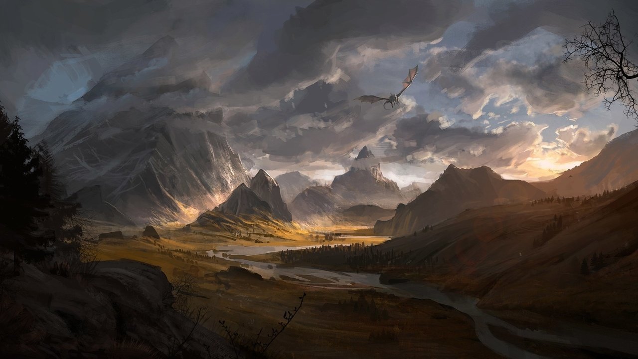 Обои горы, закат, дракон, скайрим, mountains, sunset, dragon, skyrim разрешение 1920x1080 Загрузить