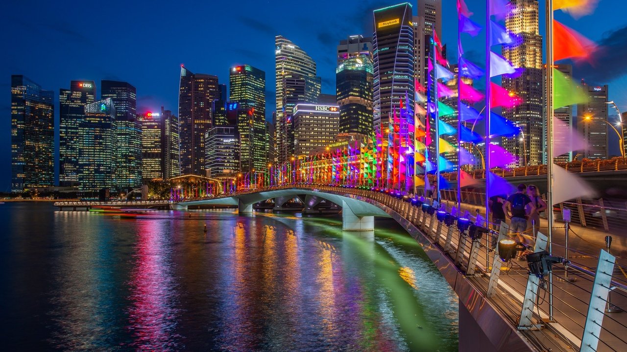 Обои мост, jubilee bridge, залив, дома, ночной город, здания, флажки, сингапур, марина-бэй, bridge, bay, home, night city, building, flags, singapore, marina bay разрешение 2048x1367 Загрузить