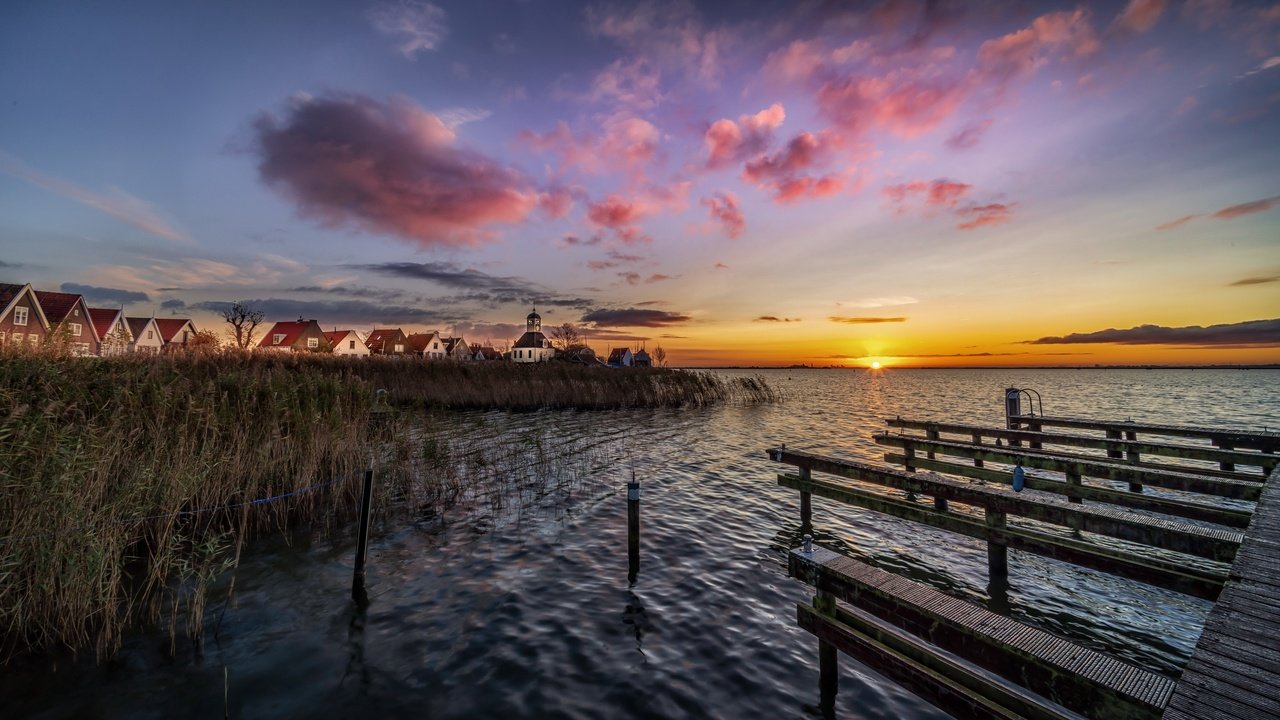 Обои озеро, закат, мост, lake, sunset, bridge разрешение 3840x2160 Загрузить