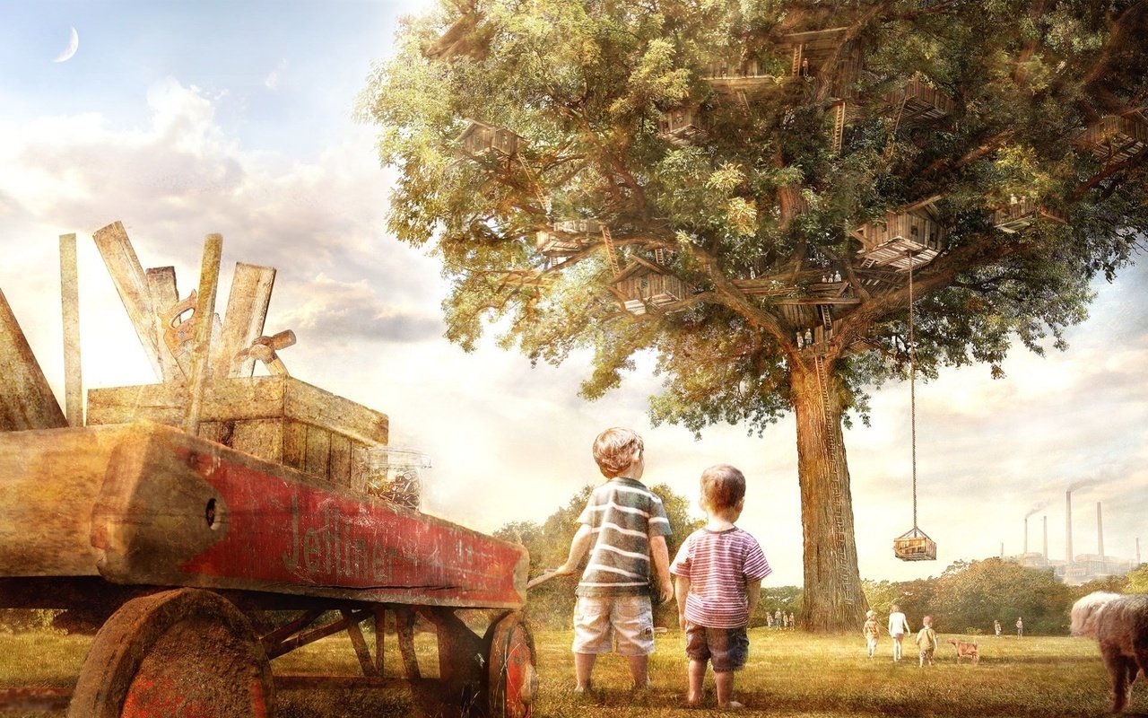 Обои дерево, дети, дом, тележка, tree, children, house, truck разрешение 1920x1200 Загрузить