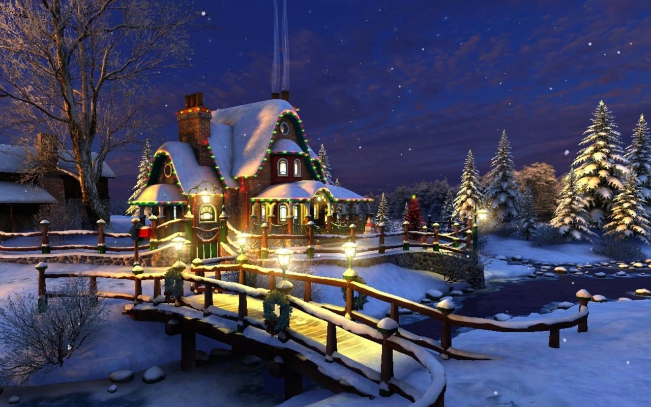 Обои ночь, зима, звезды, рождество, коттедж, bridge to the cottage, night, winter, stars, christmas, cottage разрешение 1920x1080 Загрузить